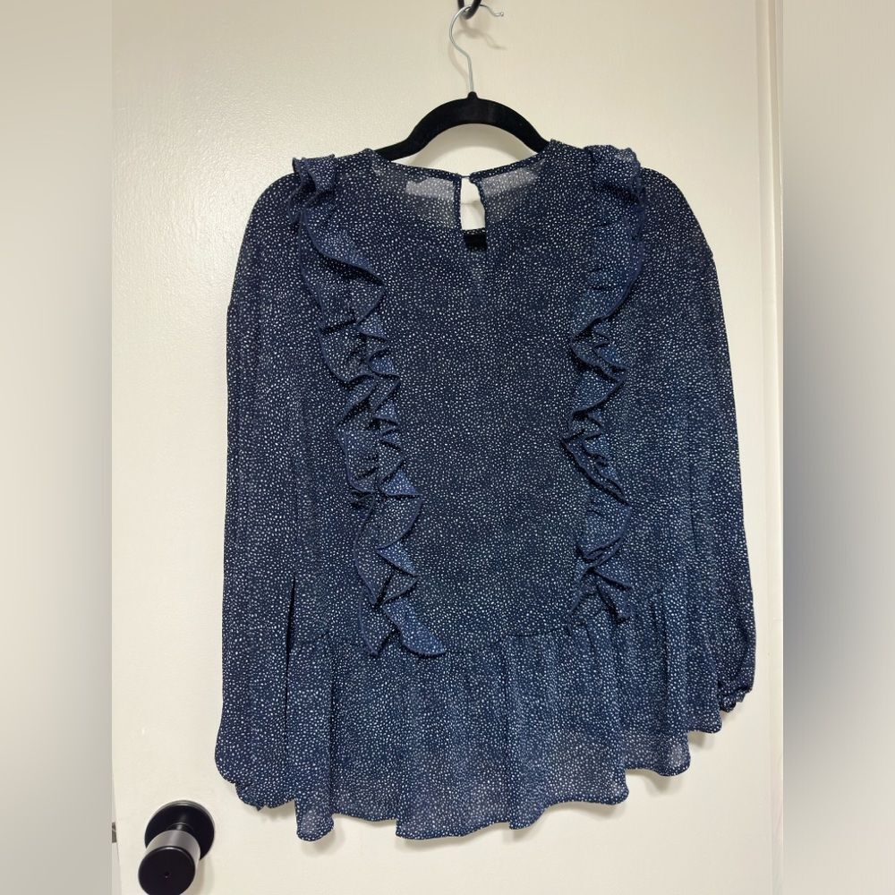 H&M Frill Long Sleeve Blouse Top size 2 Women's Navy Blue & White Flowy Shirt - Picture 2 of 4